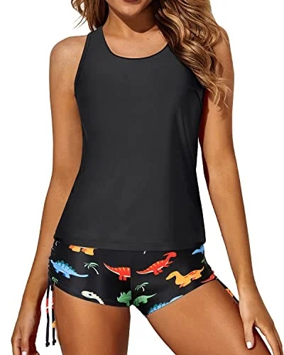 modern swimsuitModest And Stylish Tankini Swimwear Set Boy Shorts For Women-Black Dinosaur