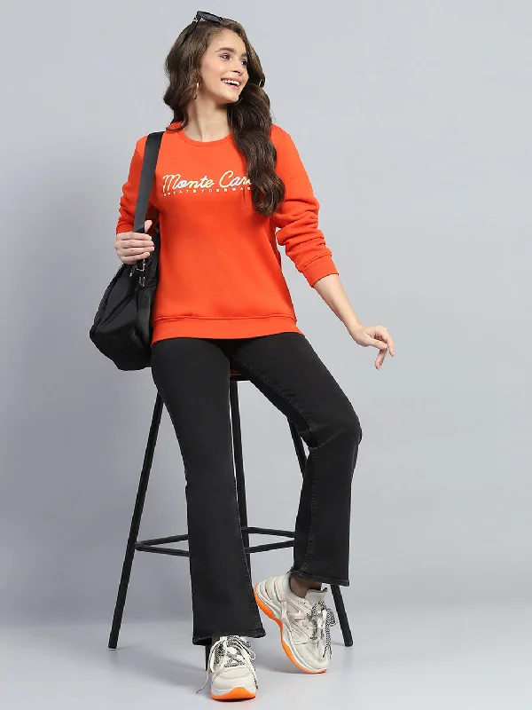 cozy women's hooded loungewearWomen Orange Printed Round Neck Full Sleeve Sweatshirt