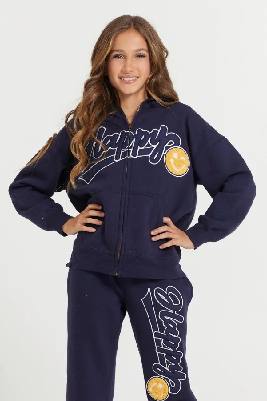 women's hooded tops with a chenille knit fabricKids Navy Full Zip Hoodie With Happy Smile Patched Embroidery