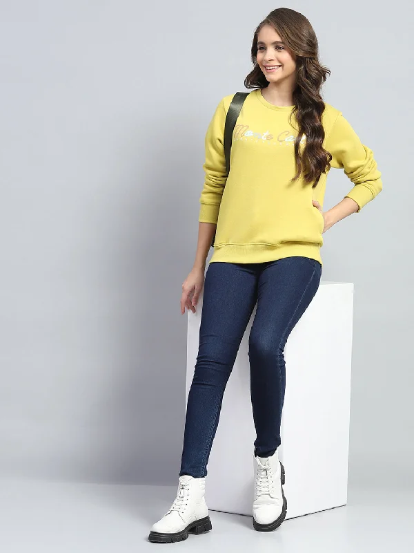 women's hooded sweatshirts with fleece liningWomen Yellow Printed Round Neck Full Sleeve Sweatshirt