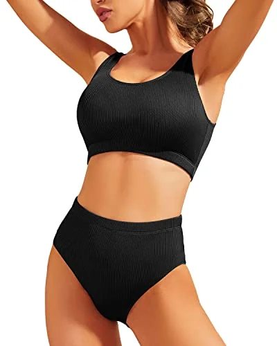 custom-made swimsuitHigh Waisted Ribbed Bikini Two Piece Bathing Suit For Women-Black