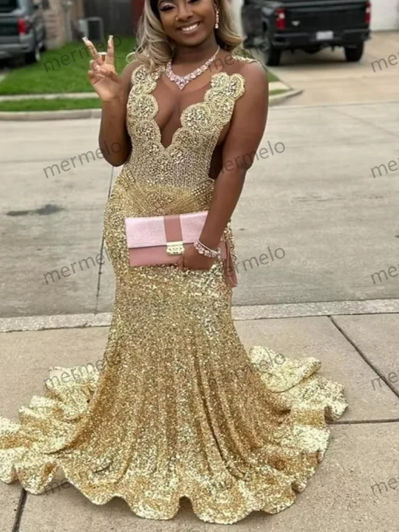 Wrap dresses for womenLuxury Gold Diamond Evening Dress Plus Size Sparkly Sequin Prom Dress Rhinestone