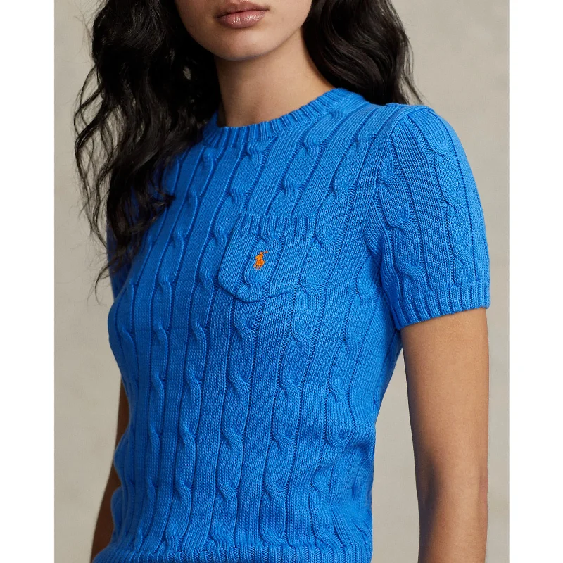 V-neck women's sweaterPolo Ralph Lauren - Cable-Knit Cotton Short-Sleeve Sweater - Colby Blue