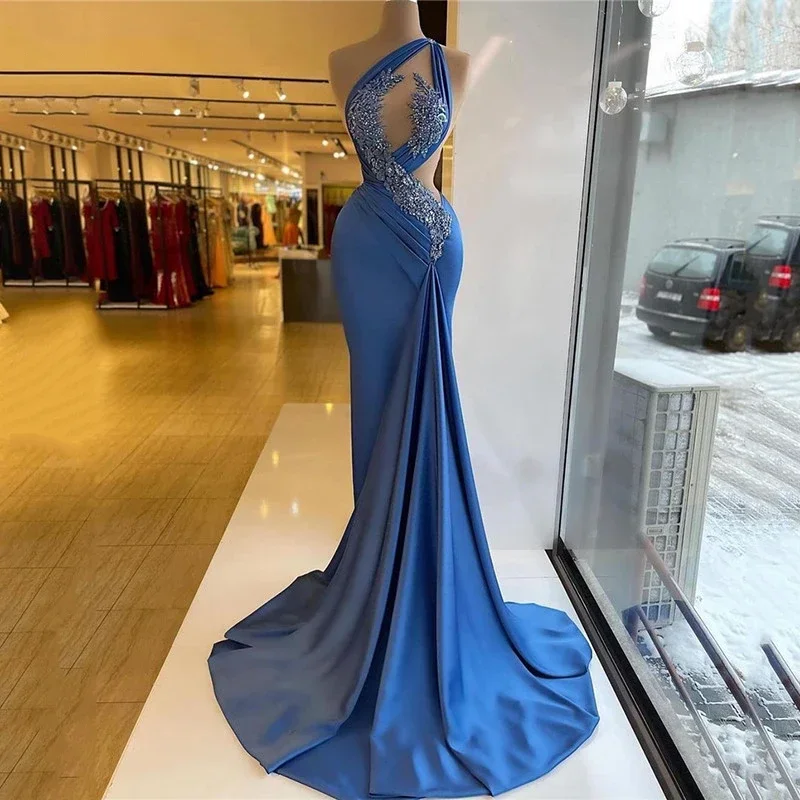 Leather dresses for womenSexy Luxury Deep Blue One Shoulder Sleeved Mermaid Evening Dresses Satin Decal Beaded Waist Prom Dresses For Women فساتين السهرة