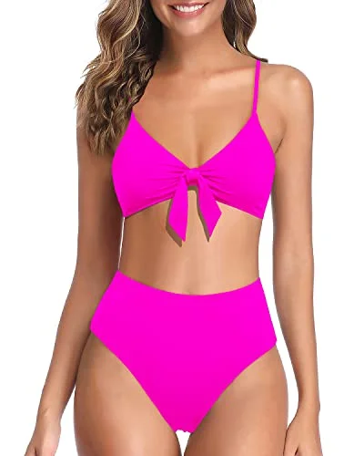 ruffled swimsuitHigh Rise Two Piece High Waisted Bikini For Women-Neon Pink