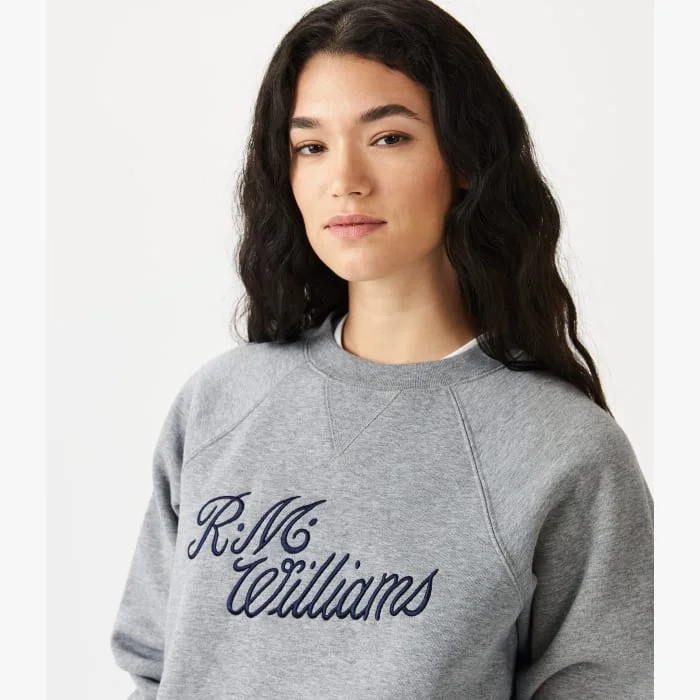 Petite women's sweaterR.M.Williams - Womens Script Crew Neck Fleece - Grey-Blue