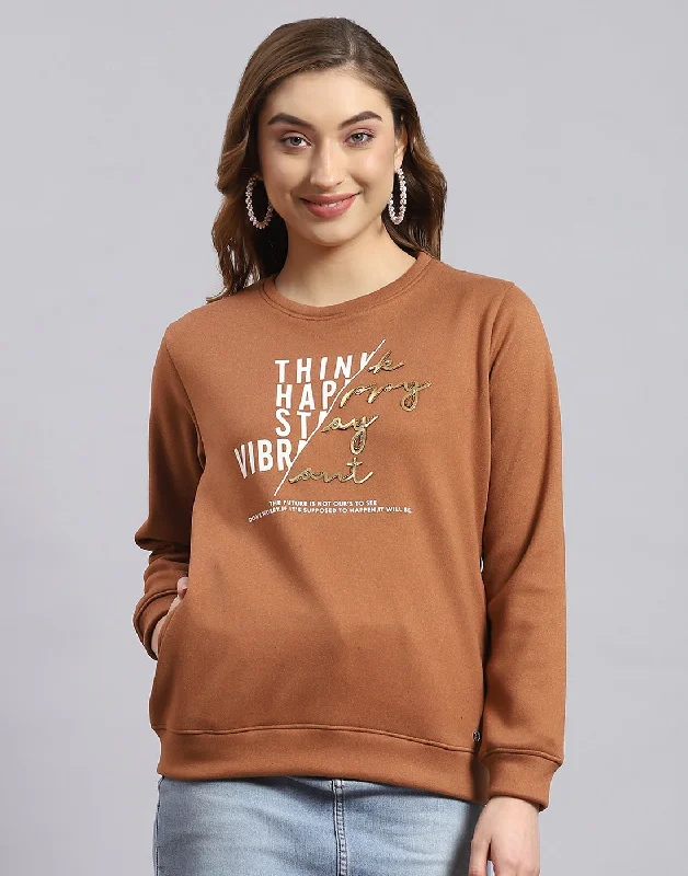 women's hooded jumpers with beaded detailingWomen Brown Printed Round Neck Full Sleeve Sweatshirt