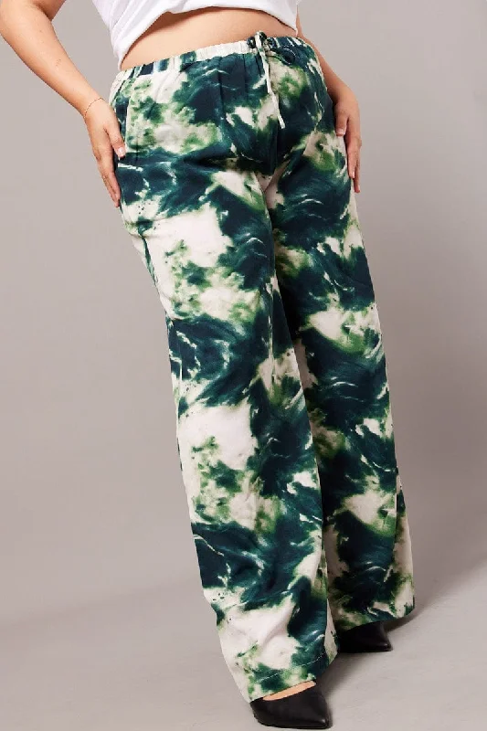 Elegant casual women's pantsGreen Abstract Wide Leg Pants High Rise