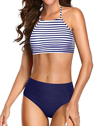 women's swimsuitRemovable Padding Triangle Bikini Sets For Women-Blue White Stripe