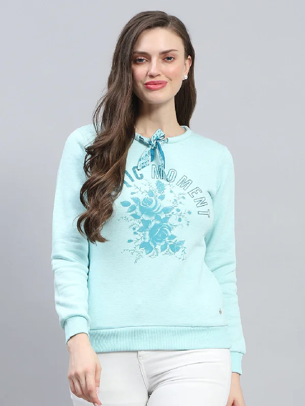 women's hooded sweaters with patterned designsWomen Blue Printed Round Neck Full Sleeve Sweatshirt