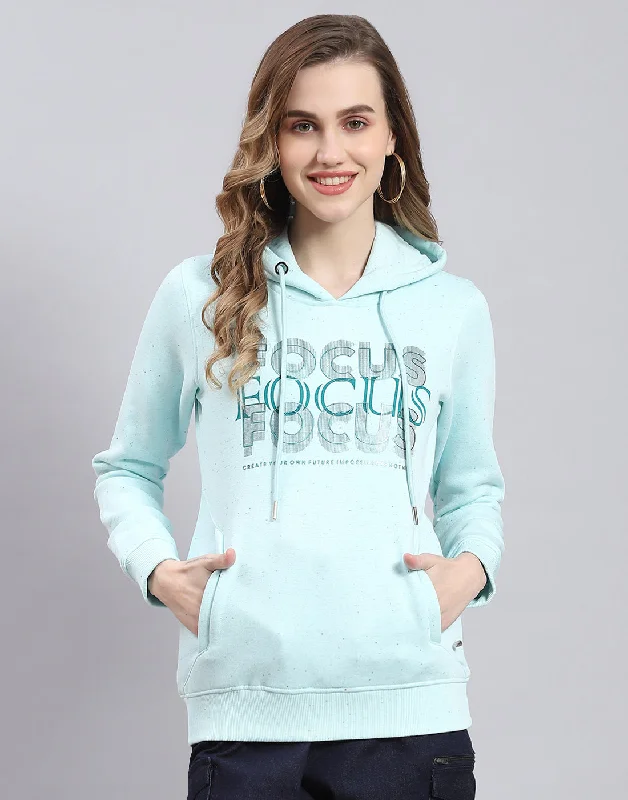 women's hooded sweatshirts with a brushed interiorWomen Turquoise Blue Printed Hooded Full Sleeve Sweatshirt