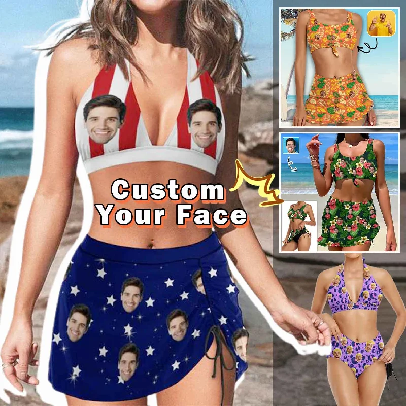 classic swimsuitCustom Face American Flag Halter Neck Bikini Set Personalized Drawstring Bikini Skirt