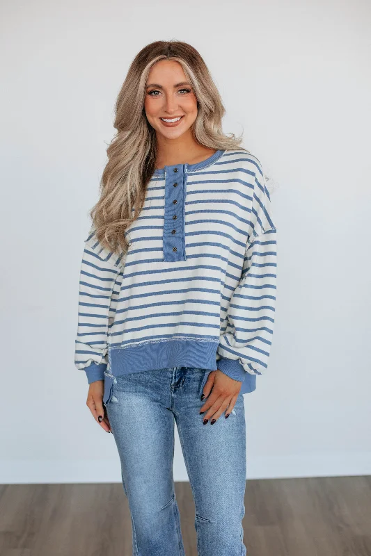 women's hooded tops with a ribbed knit constructionMaggey Striped Pullover - Cornflower Blue