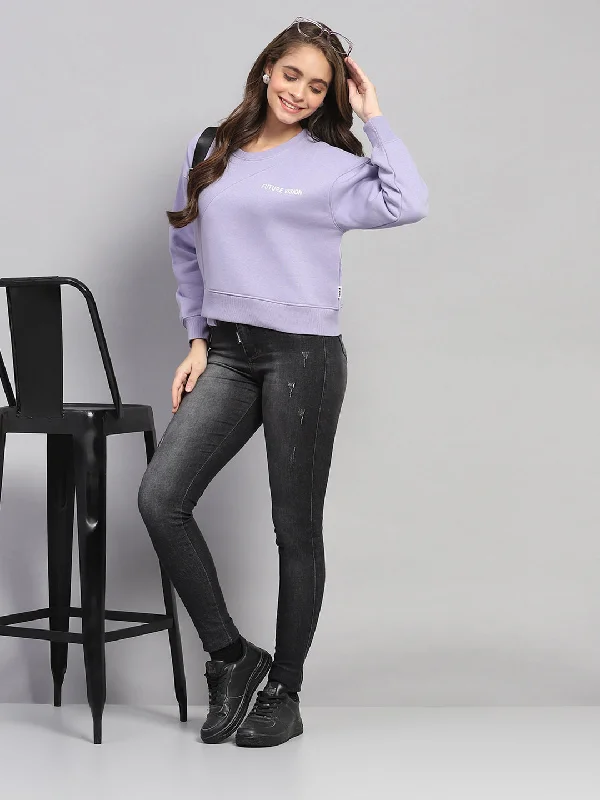 women's hooded jumpers with three-quarter sleevesWomen Purple Printed Round Neck Full Sleeve Sweatshirt