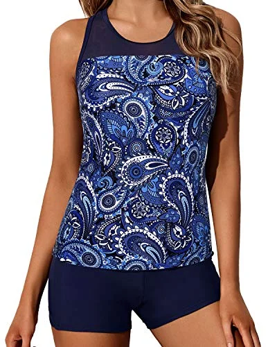 mixed-material swimsuit2 Piece Modest And Fitted Tankini Swimsuit Boyleg Bottoms-Navy Blue Tribal