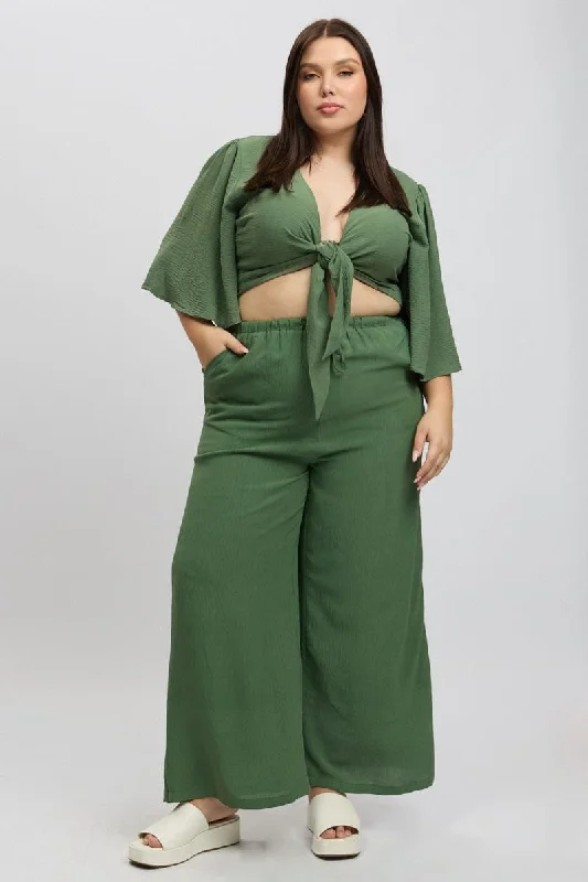 Skater women's skirtsGreen Textured Georgette Lined Wide Leg Pants