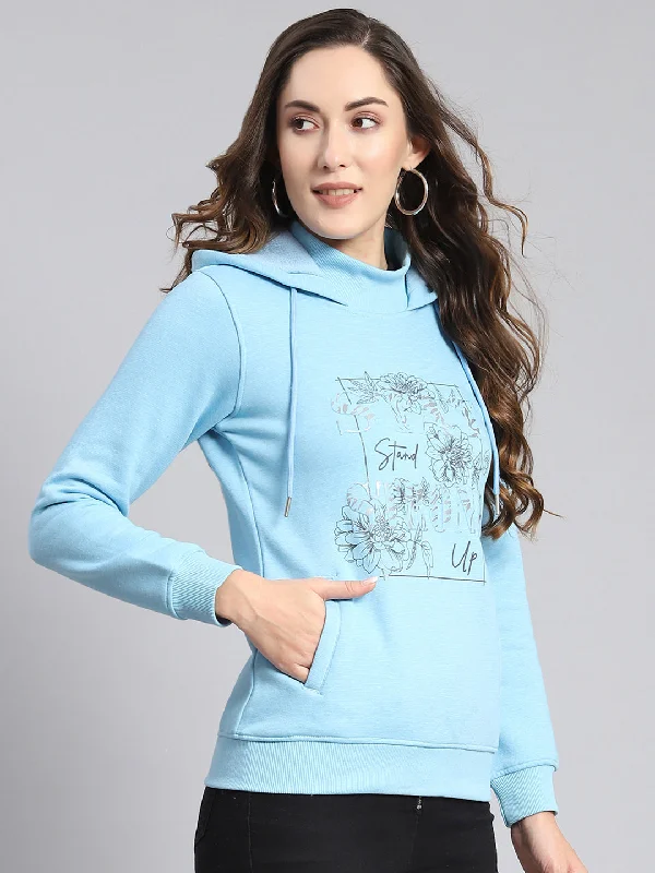 women's hooded jumpers with a waffle knit hoodWomen Blue Printed Hooded Full Sleeve Sweatshirts