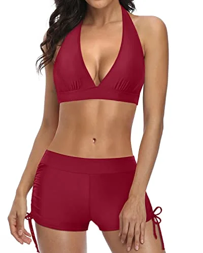 rubber swimsuitElastic Two Piece Swimsuit With Push Up Bikini And Boyshort-Red