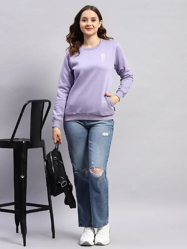 women's hooded sweatshirts with a full-length designWomen Purple Printed Round Neck Full Sleeve Sweatshirt