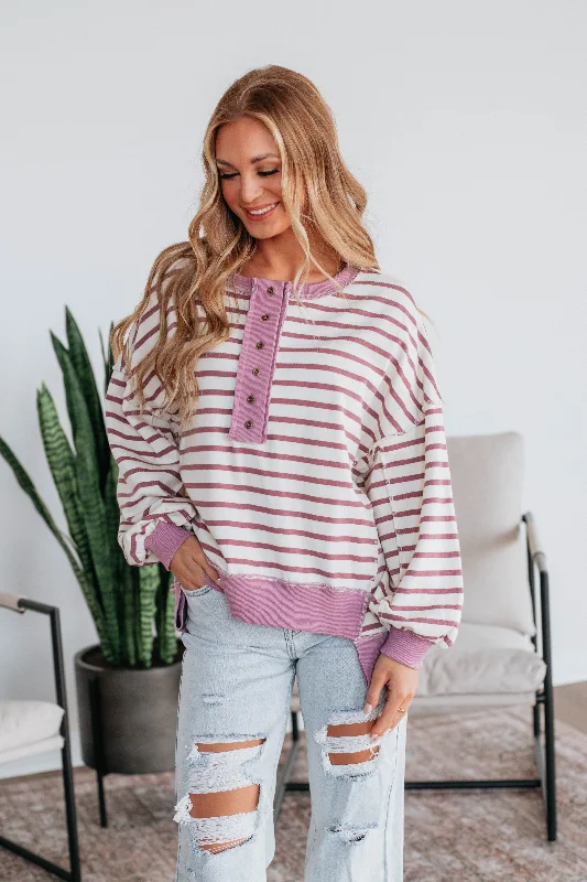 women's hooded tops with a turtle neck and thumbholesMaggey Striped Pullover - Dusty Orchid