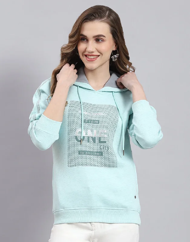 casual women's hooded jumpersWomen Turquoise Blue Printed Hooded Full Sleeve Sweatshirt