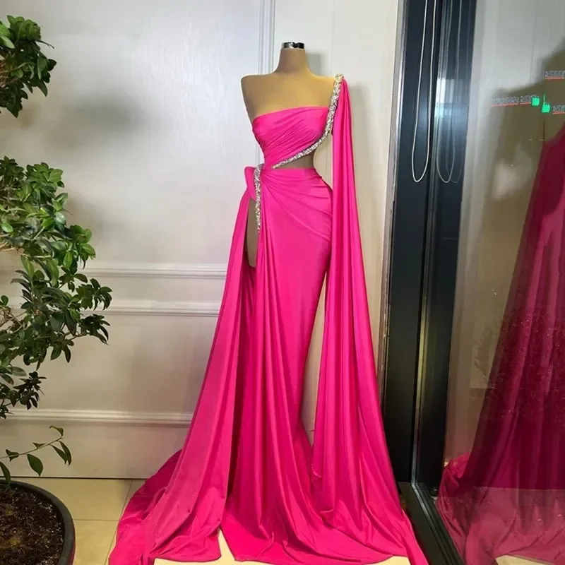 Corduroy dresses for womenElegant Hot Pink Mermaid One Shoulder Sleeve Evening Dresses Beading Saudi Arabia Prom Party Dresses With Shawl Side For Women