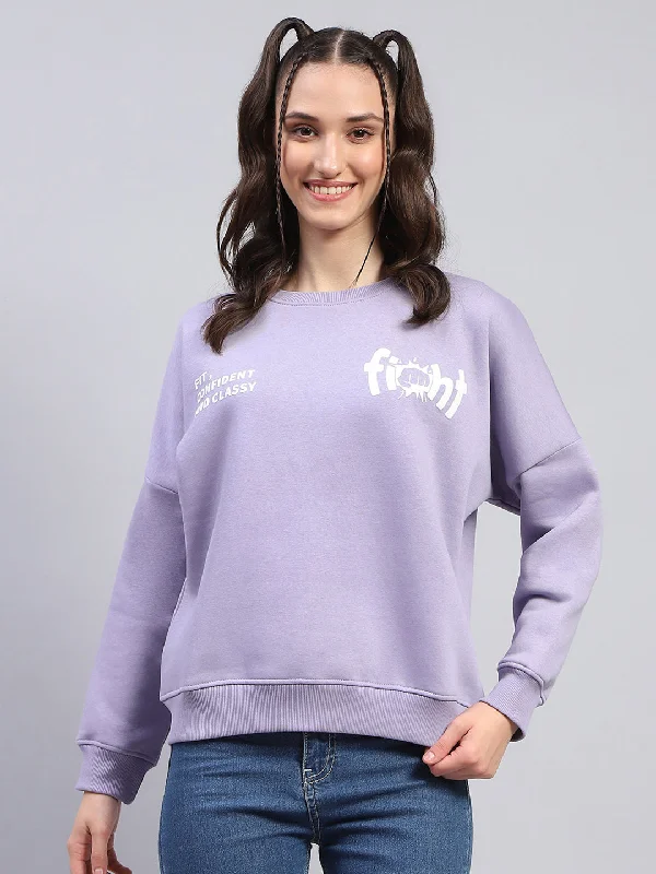 women's hooded jumpers with thumbholes in the sleevesWomen Purple Printed Round Neck Full Sleeve Sweatshirt