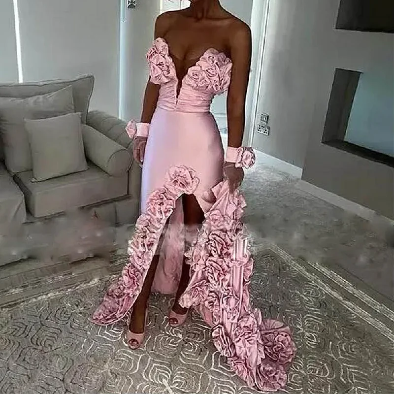 Off-the-shoulder dresses for womenBaby Pink Mermaid Prom Dresses With Handmade Flowers High Slit Evening Party Dress Sexy Wedding Reception Dress Without Gloves