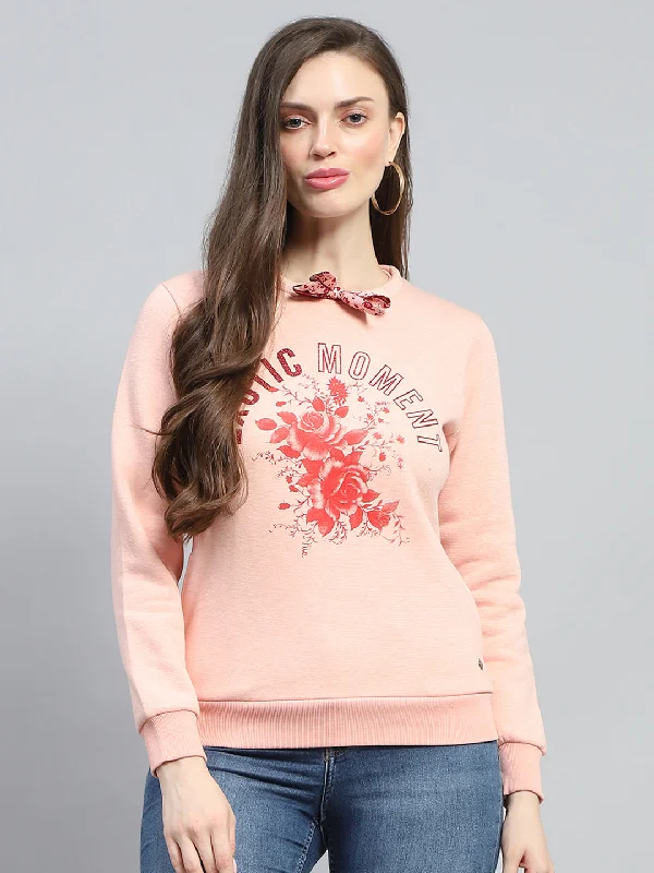 women's hooded sweaters made of polyesterWomen Peach Printed Round Neck Full Sleeve Sweatshirt