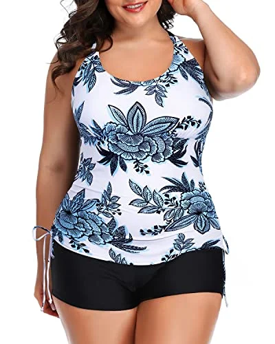 metallic-finish swimsuit2-Piece Plus Size Swimsuit Adjustable Straps Boyleg Shorts-White And Blue Floral