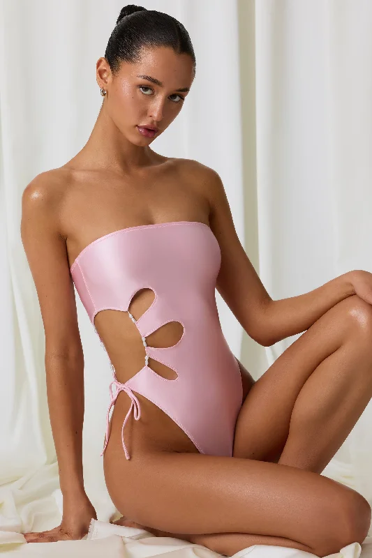 fashionable swimsuitPearl-Detail Cut-Out Bandeau Swimsuit in Soft Pink