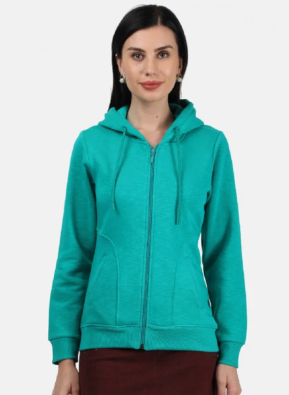 women's hooded sweatshirts with a sheer overlay for a layered lookWomen Green Plain Sweatshirt