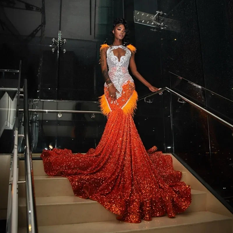 Glamour dresses for red carpet appearancesLuxury Orange Prom Dresses For Black Girls Feathers Rhinestone Sequin Mermaid Party Gowns Afrcian Women Crystal Evening Dress