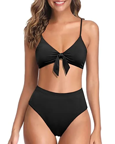 polyester swimsuitTwo Piece High Waisted Bikini With High Rise Bottom For Women-Black