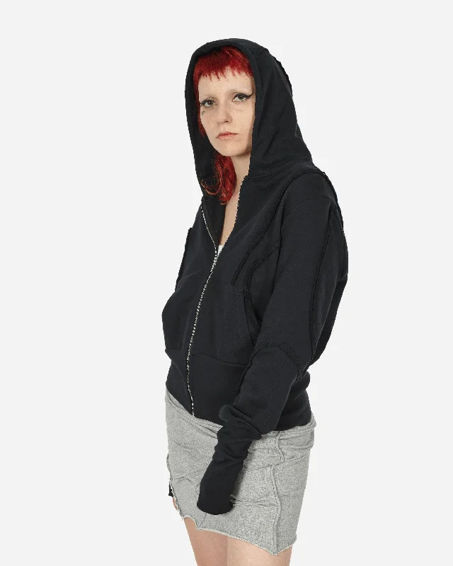 women's hooded tops with stretchable fabricFraying Detail Zip Up Hooded Sweatshirt Black