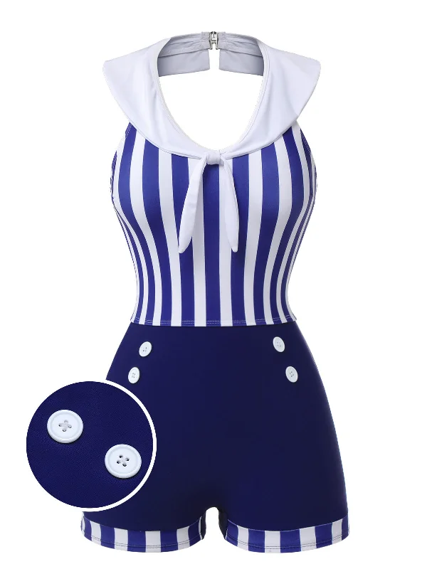 swimsuit for figure skating (on ice)Navy Blue 1950s Striped Navy Collar Swimsuit