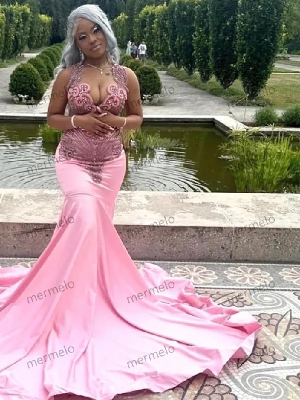 Bridesmaid dresses for womenLuxury Glitter Pink Mermaid Prom Dress For Black Girls Silver Crystal