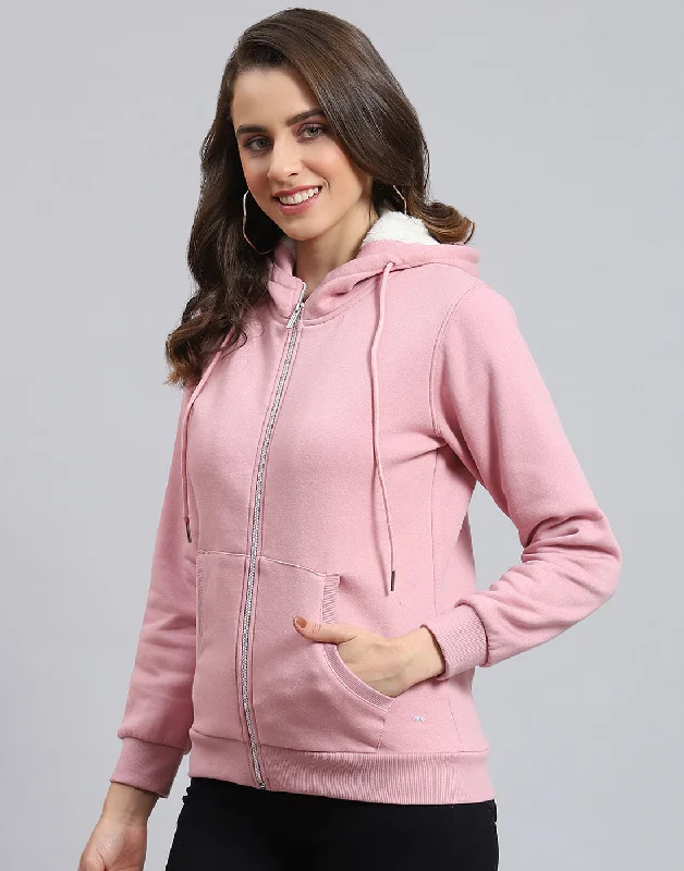 women's hooded sweatshirts with a high-low sleeve designWomen Pink Solid Hooded Full Sleeve Sweatshirt