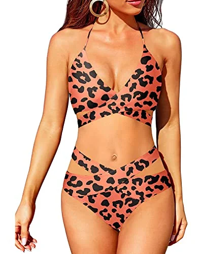 neon-color swimsuitFlattering High Waisted Bikini Bottoms With Defined Waistline-Orange And Leopard