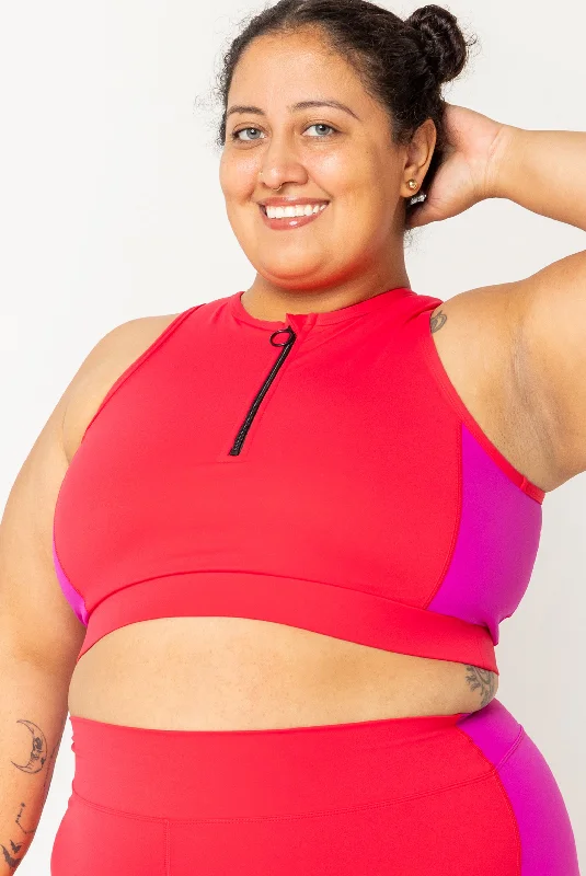 swimsuit for yoga on the beachHalf Zip Crop Bikini Top - Colorblock Fuchsia