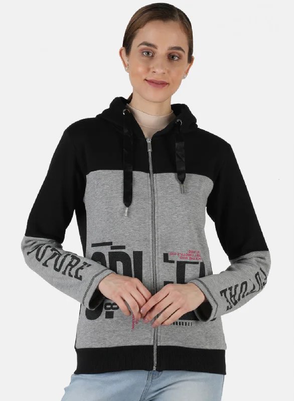 women's hooded tops with a snap-button closureWomen Black Printed Sweatshirt