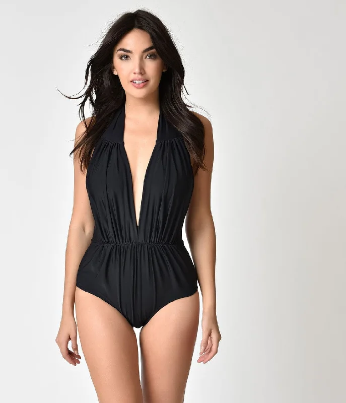 classic swimsuitUnique Vintage Black Halter Shirred Derek One Piece Swimsuit