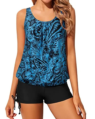 nylon swimsuitAdjustable Side Ties Swimsuits For Women Tops Boyshorts-Black And Tribal Blue