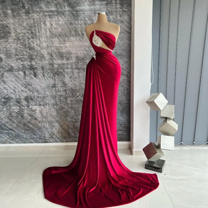 Checkered dresses for womenFormal Dark Red Mermaid Prom Dresses For Women Satin Crystal Strapless Sleevelss Pleat Sexy Evening Party Gowns Robe De Mariage