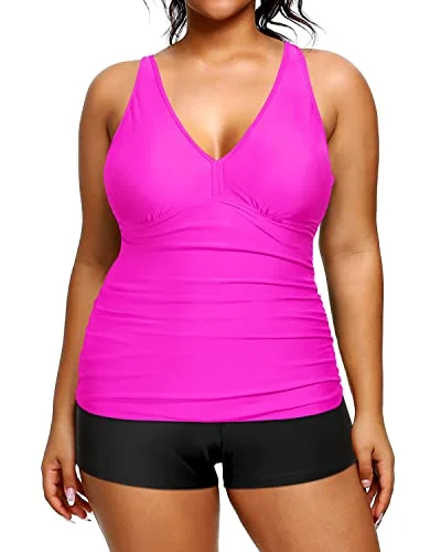 stylish swimsuitPlus Size Ruched Tummy Control Bathing Suit High Waisted Two Piece Swimsuit-Hot Pink