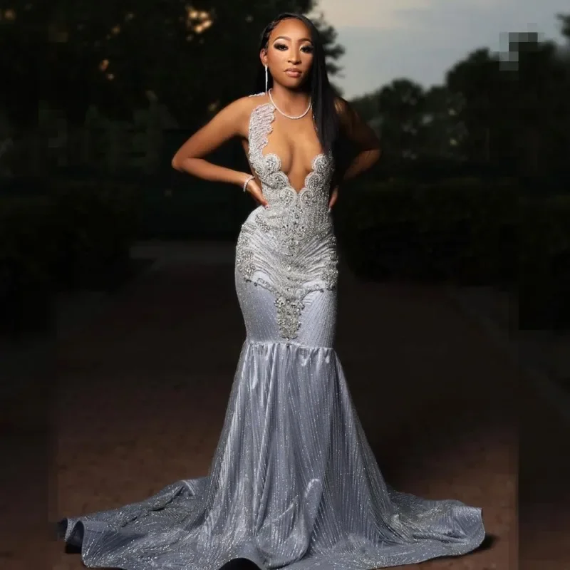 Bohemian women's dressesLuxury Silver Prom Dresses For Black Girls 2024 Diamond Sequin Mermaid Party Gowns Evening Dress Vestidos De Festa