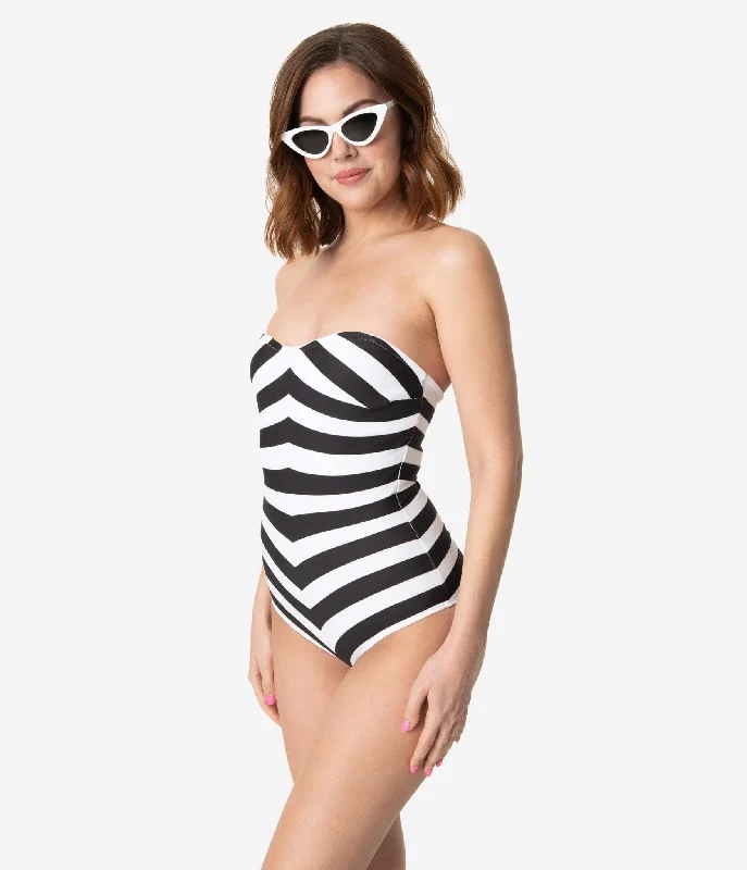 vintage swimsuitBarbieÂª x Unique Vintage Black & White Chevron Stripe One Piece Bathing Suit