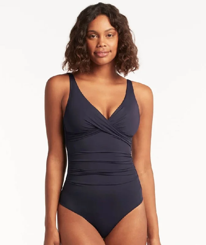 swimsuit for special occasionsSea Level Eco Essentials Cross Front A-DD Cup One Piece Swimsuit - Night Sky Navy