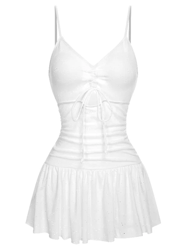 swimsuit with a plunging necklineWhite 1960s Spaghetti Strap One-Piece Swimsuit