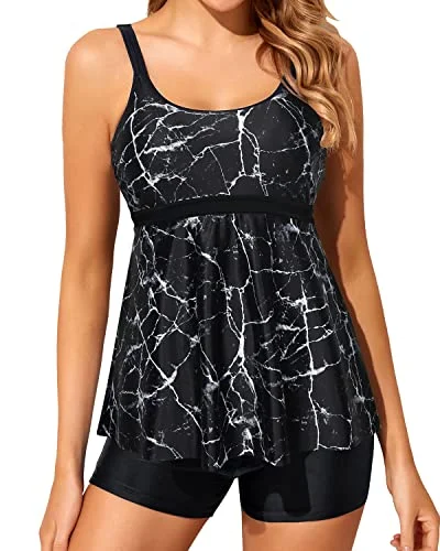 halter-neck swimsuitWomen's Slimming Tankini Swimsuit Adjustable Shoulder Straps-Black Marble